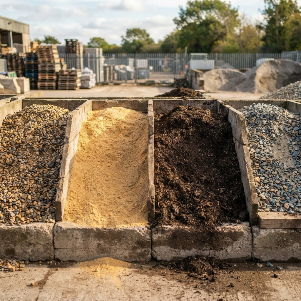 Assorted bulk landscape materials — sand, soil and gravel arranged neatly in adjacent bays at Minto Star Sand Supplies