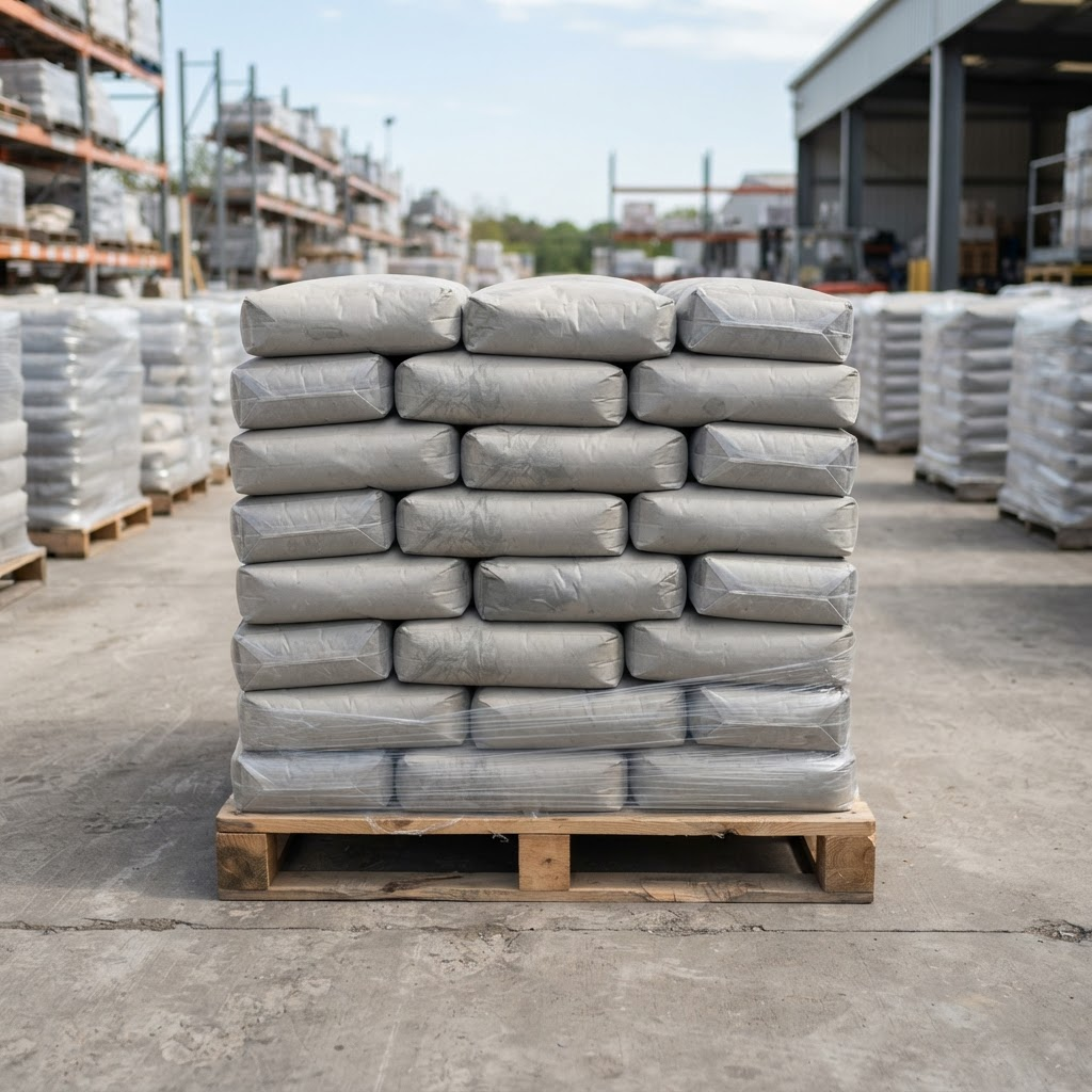 Bags of cement and ready-mix concrete products stacked on pallets