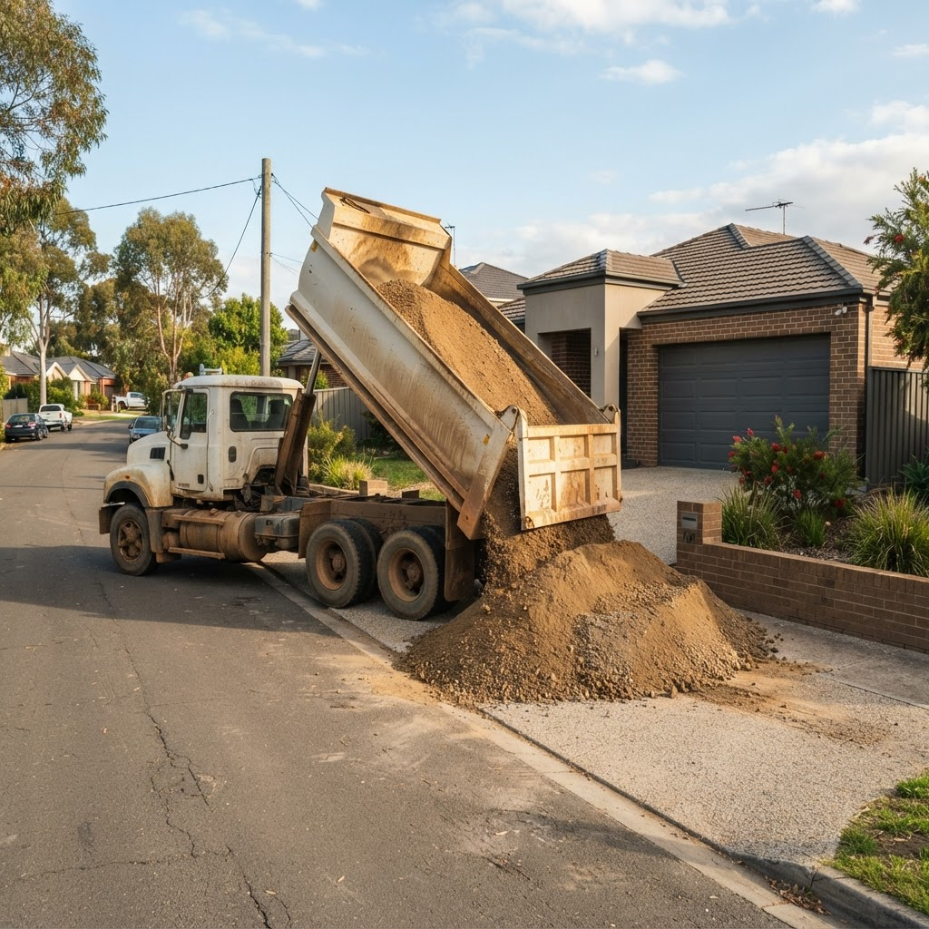Tipper truck delivering a load of bulk gravel and sand aggregate to a residential site