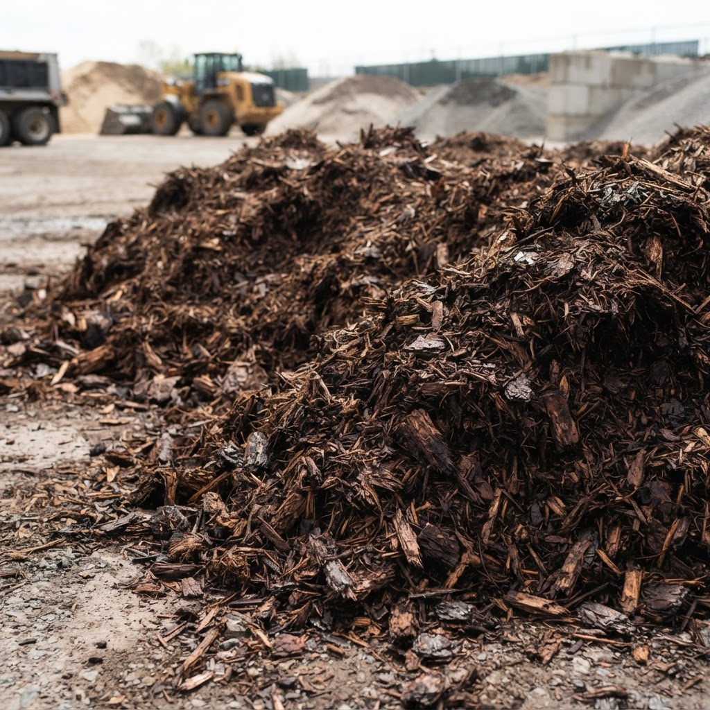 Dark shredded wood mulch and bark chips in bulk at a landscape supplies depot