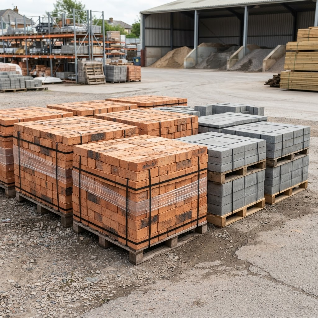Stacked clay bricks and concrete pavers at Minto Star Sand Supplies yard
