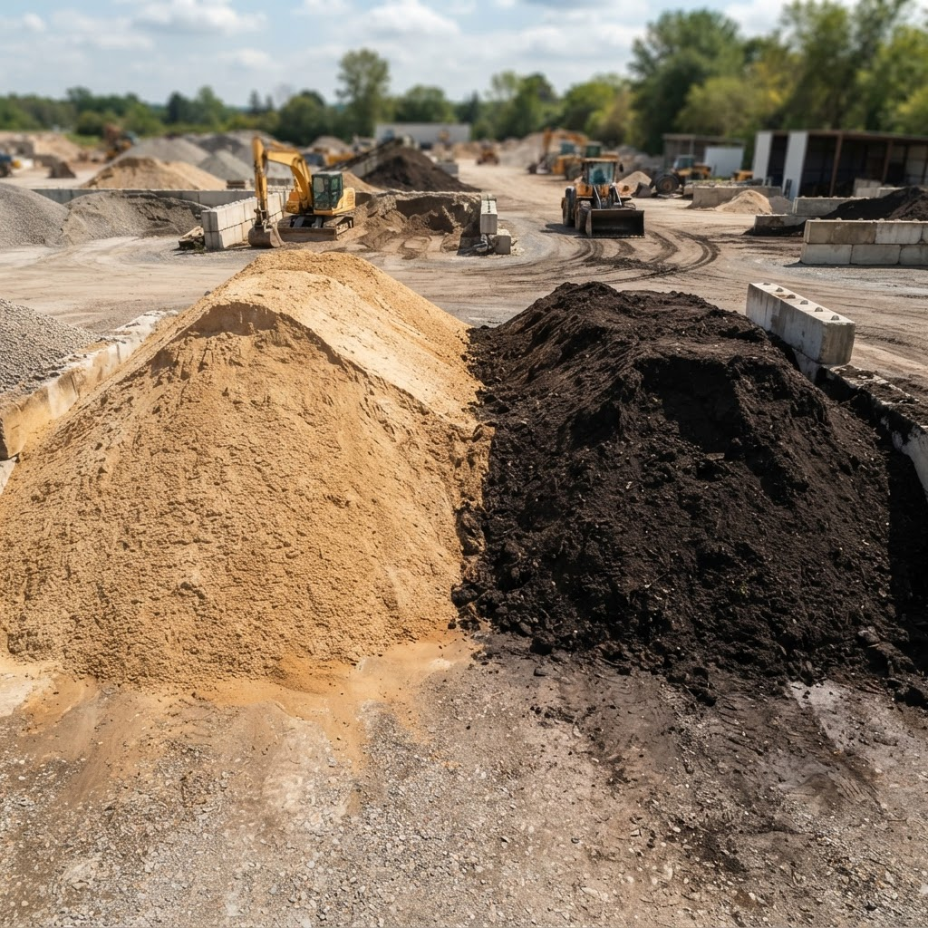 Pile of clean washed river sand and dark garden soil at a Minto bulk supply yard