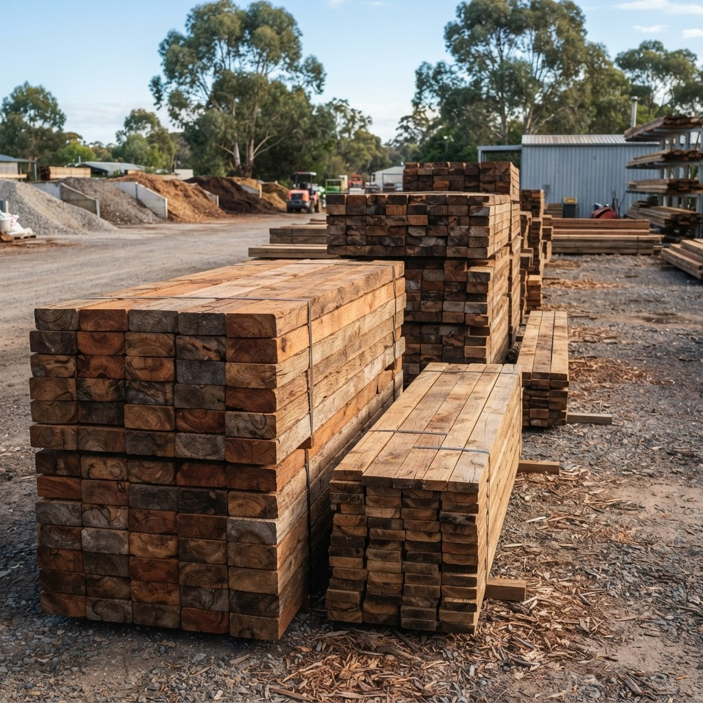 Stacked hardwood garden sleepers and timber edging at a landscape supplies yard